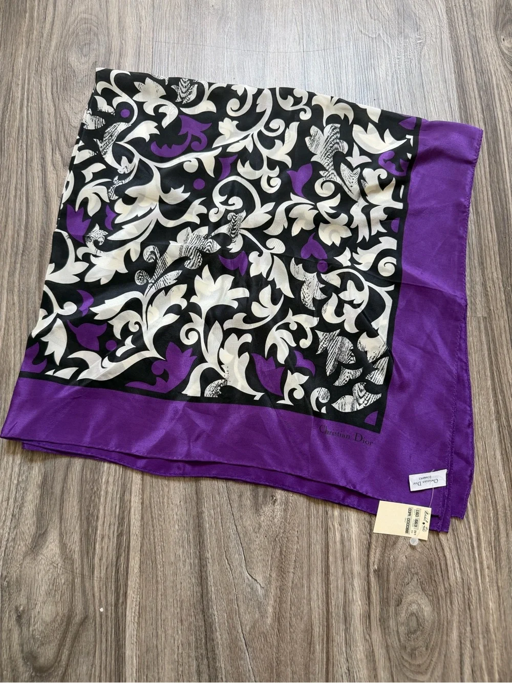 Vintage Christian Dior Silk Scarf Purple Black White Abstract Floral Vine Print
